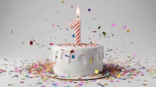 White birthday cake with candle number 1. Solid white background with falling confetti. Video for 1st birthday or anniversary party