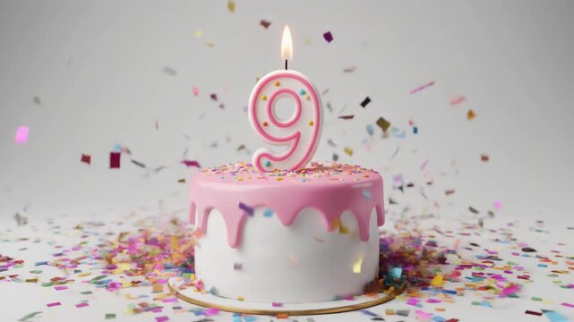 White and pink birthday cake with candle number 9. Solid white background with falling confetti. Video for 9th birthday or anniversary party