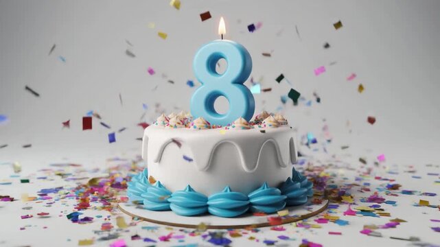 White and blue birthday cake with candle number 8. Solid white background with falling confetti. Video for 8th birthday or anniversary party