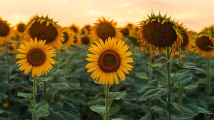 Obraz premium Vast field of golden sunflowers bathed in the warm glow of a setting sun creating a picturesque summer landscape