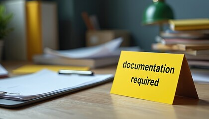 Desk with clipboards, papers, and yellow sign saying documentation required. Office background with books and lamp suggests work, planning, and compliance needs.