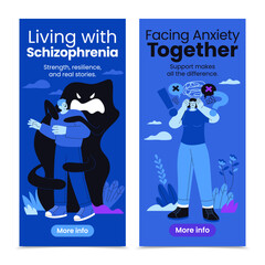Vertical banners about schizophrenia and anxiety with support messages in hand-drawn flat style
