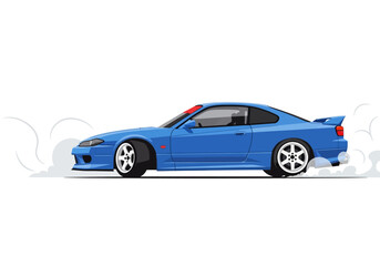 Obraz premium Blue sports car drifting with smoke and stylized lines.
