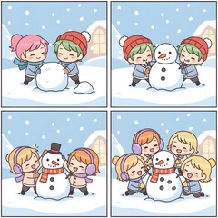Happy friends build cute snowman together in winter snow