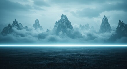 Dramatic Sci-Fi mountain landscape above dark water with glowing neon horizon line and thick fog