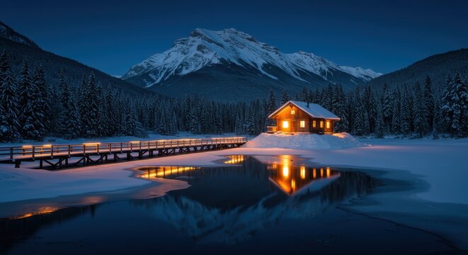 Cozy wooden cabin illuminated at blue hour on a frozen lake with snowy mountains and warm reflections in the water.