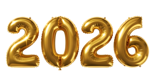 Golden Balloons Forming the Year 2026 on a Black Background new year isolated on a transparent background