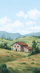 A Serene Watercolor Depiction of a Rustic House Nestled Amidst Lush Green Hills and a Brilliant Sky, Perfect for Reflecting the Beauty of Countryside Architecture and Tranquil Landscapes