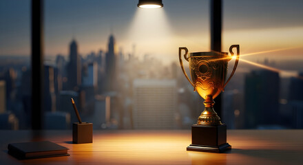 Trophy cityscape achievement success reward champion notebook office desktop mockup victory recognition award accomplishment business progress excellence gold trophy gleaming honor