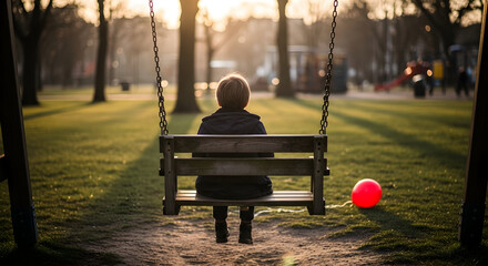 Boy Swing Sunlight Park Red Balloon Reflection Childhood Nostalgia Lonely Melancholy Quiet Daydreaming Contemplation Innocence Youthful Serenity Outdoors Back View Pensive Child