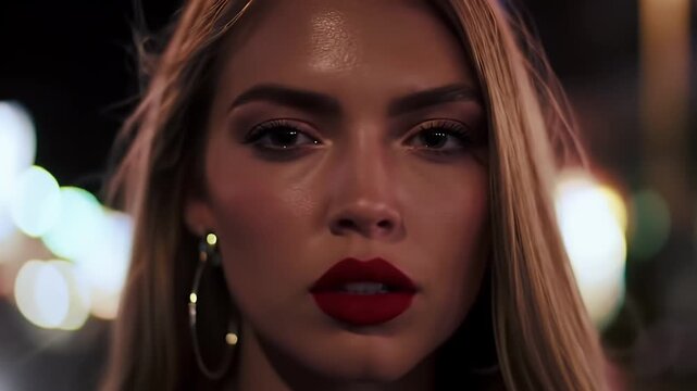 Close-Up Portrait Of A Young Woman With Red Lipstick And Glitter On Her Forehead At Night With Blurred City Lights In