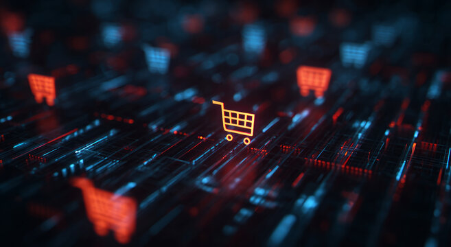 Digital shopping ecommerce cart neon glowing grid network abstract technology background Digital - Powered by Adobe