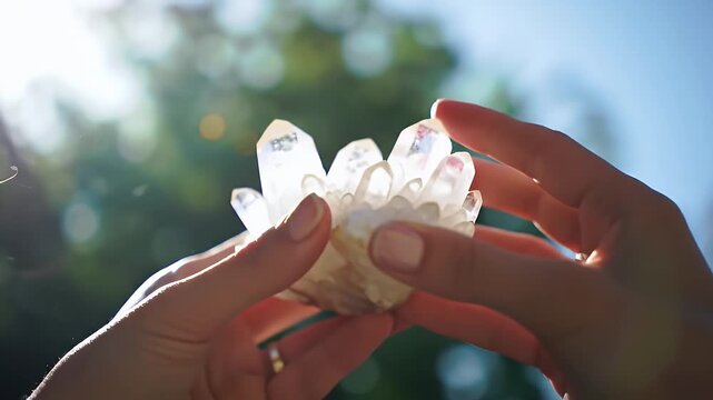 Hands Gently Hold Clear Quartz Cluster Crystal Outdoors Sunny Day Bokeh Greenery Blue Sky Sunlight Rays Natural Healing