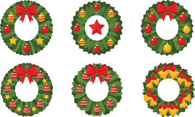 Christmas wreath collection, festive holiday decoration, green foliage, red bow, ornaments, bells, stars, traditional design, seasonal celebration, winter decor