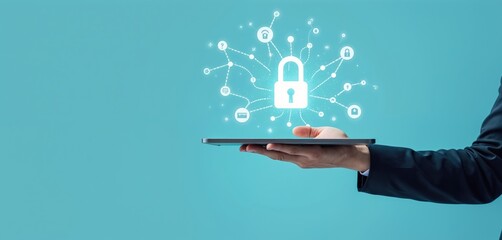 Person holds tablet with digital lock, web icons. Safety business concept. Online privacy, personal info protection. Cybersecurity solution. Data secure network. Cybercrime prevention, internet tech