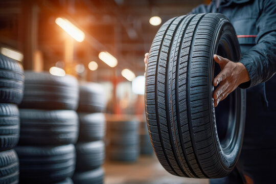 Person inspecting a new tire in an automotive workshop surrounded by stacks of tires with warm lighting and industrial background details - Powered by Adobe