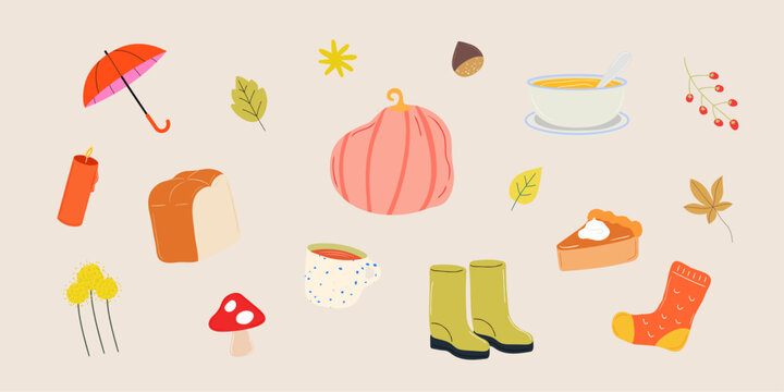 Cozy Autumn items Set Vector Illustration 