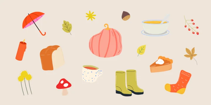 Cozy Autumn items Set Vector Illustration