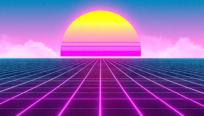 Retro Vaporwave Sunrise over Pixelated Grid
