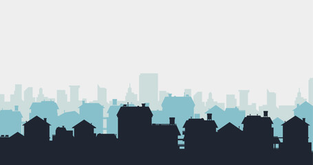 Naklejka premium Suburban street silhouette in a small town. Roofs of houses. Country landscape. Housing vector. Seamless composition isolated on white background