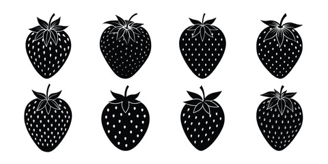 Collection of eight detailed black strawberry silhouettes on a white background