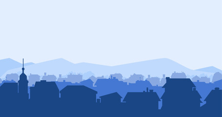 Suburban street silhouette in a small town. Roofs of houses. Country landscape. Housing vector. Seamless composition isolated on white background © SejalanArt