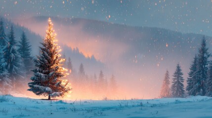 Fototapeta premium Majestic Snowy Landscape with Glowing Christmas Tree at Dusk