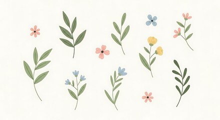 A charming collection of hand-drawn minimalist flowers and leaves in soft pastel colors on a light background.