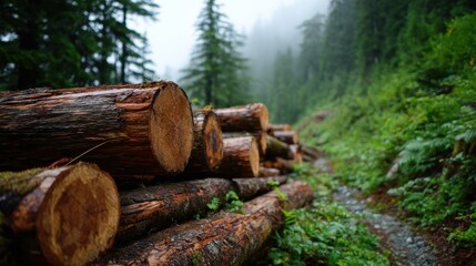 Logs Stacked on Forest Path Surrounded by Lush Green Vegetation