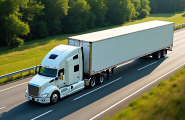 White semi truck transports cargo on highway. The large rig drives past green trees and meadows. This commercial vehicle is used for long haul delivery and shipping goods across distances.