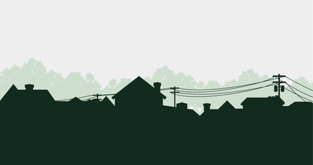 Suburban street silhouette in a small town. Roofs of houses. Country landscape. Housing vector. Seamless composition isolated on white background