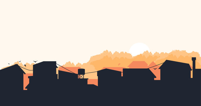 Suburban street silhouette in a small town. Roofs of houses. Country landscape. Housing vector. Seamless composition isolated on white background