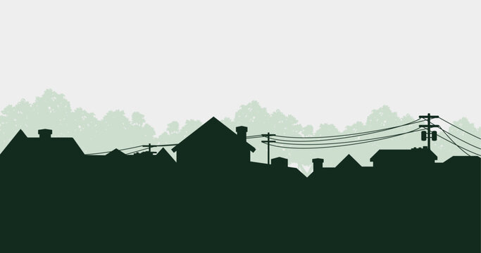 Suburban street silhouette in a small town. Roofs of houses. Country landscape. Housing vector. Seamless composition isolated on white background