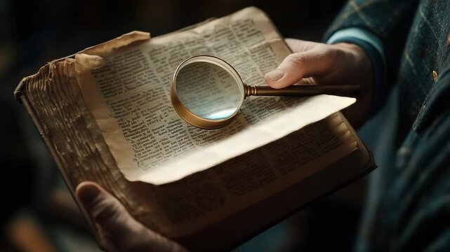 A woman holds an old book open, using a magnifying glass to examine the text closely. The woman focuses intently on the pages, revealing her curiosity and appreciation for literatu
