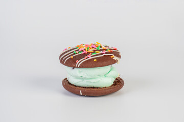 Mint filled chocolate chip cookies on white background