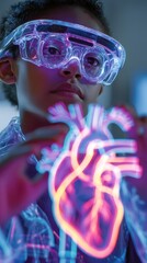 Young student explores biology with augmented reality glasses showcasing a glowing 3D heart model in a futuristic classroom setting