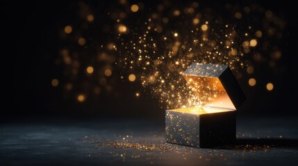 A black gift box opens, releasing golden sparkles into the air. The background is dark, enhancing the magical effect of the glowing particles.