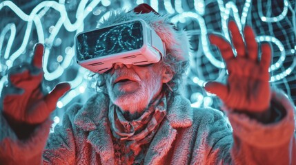 Elderly Man in VR Headset Experiencing Interactive Virtual Reality