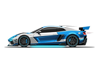 Modern blue and white sports car illustration with glowing underglow and large spoiler. © Nining