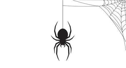Black spider hanging from a web on a white background