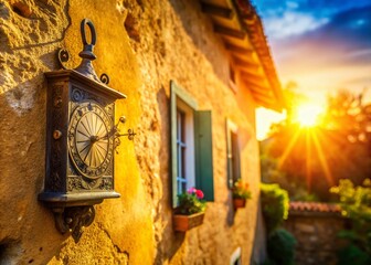 Antique Solar Clock on Old House Wall - Tilt-Shift Miniature Photography