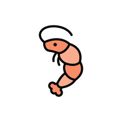 A cartoon shrimp is depicted featuring a peachcolored body curly antenna and a black outline