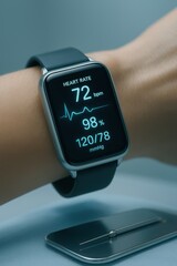 Wearable technology displays heart rate, blood oxygen, and blood pressure readings on a close-up view of a smartwatch