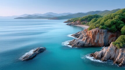 Fototapeta premium Tropical Bay Serenity Sunlight Shimmering On Turquoise Water And Lush Green Forested Hills Over Rocky Shoreline In Morning Light