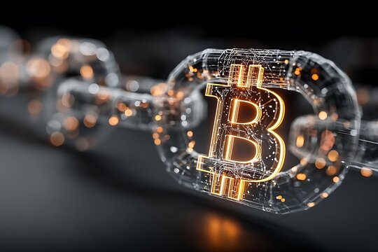 Digital bitcoin symbol glowing within a transparent blockchain link representing cryptocurrency and decentralized ledger technology