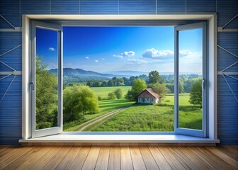 Architectural Blueprint Landscape: Ground Floor Plan on Blueprints, Idyllic Countryside View