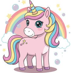 Fototapeta premium Cute pink unicorn with rainbow mane and sparkly horn in magical clouds