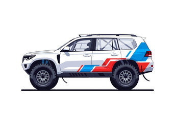 White Off-Road Racing SUV with Red and Blue Decals.