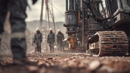 A powerful drill rig stands prominently in a dusty quarry, captured from a low-angle ground view emphasizing its massive tracks and robust structure. scale of heavy machinery.