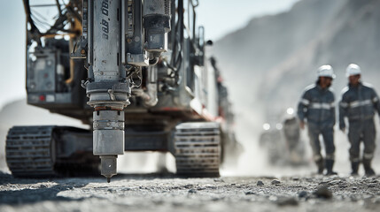A powerful drill rig stands prominently in a dusty quarry, captured from a low-angle ground view emphasizing its massive tracks and robust structure. scale of heavy machinery.